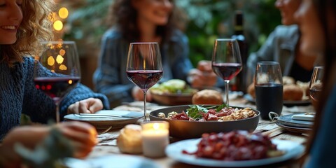 A lively dinner table filled with wine, laughter, delicious cuisine, and friends enjoying a cozy evening together.