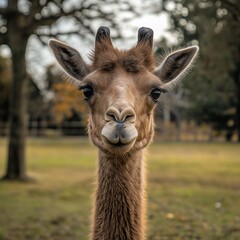 Obraz premium A giraffe's face captured with a curious gaze in an open field, charming and unique.