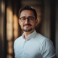 Fototapeta premium A man with glasses and a tidy look smiling gently, bathed in a warm indoor light.