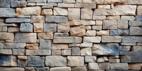 A weathered stone wall with a mix of grey, beige, and brown stones, showing signs of time and nature's artistry.