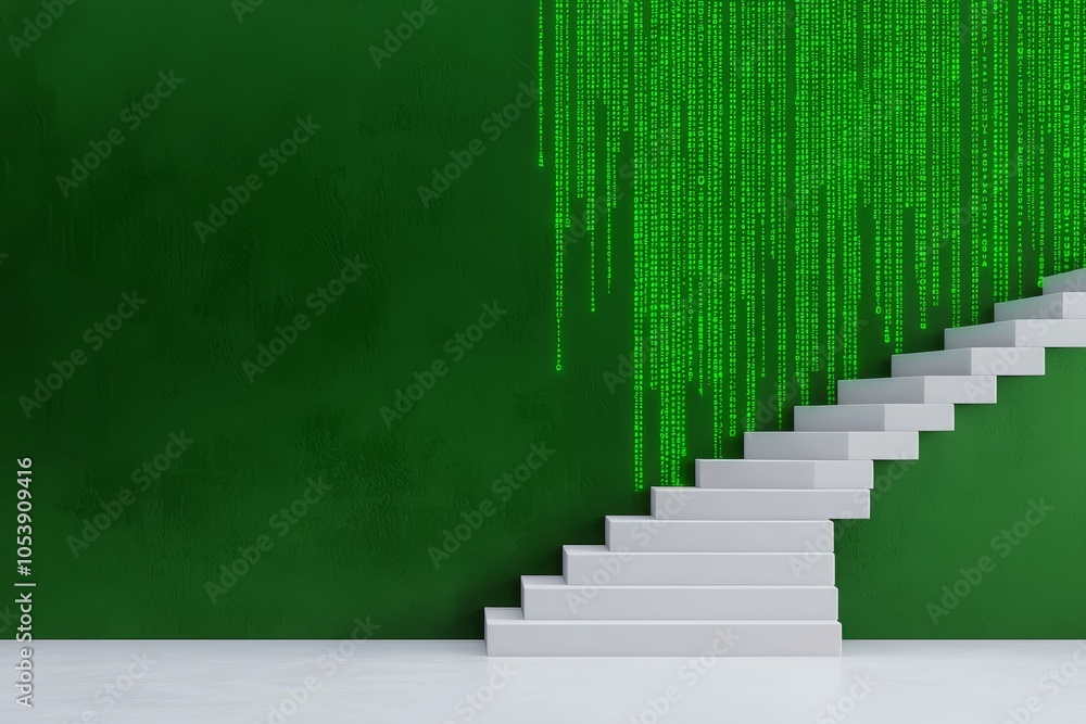 Poster the staircase ascends through a sci-fi ambience adorned with glowing patterns and neon hues.