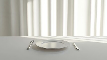 Porcelain plate on a dining table with a freshly plated meal, capturing a minimalist dining scene.