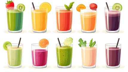 A set of colorful drinks in glasses with straws in them