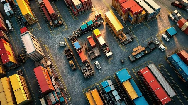 An aerial view of a shipping container yard, showcasing a variety of colorful containers arranged in a systematic layout, highlighting industrial logistics and transport operations.
