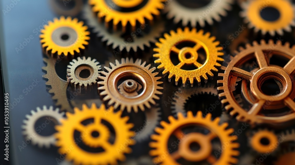 Poster a close-up view of intricate golden gears showcasing mechanical design and engineering.