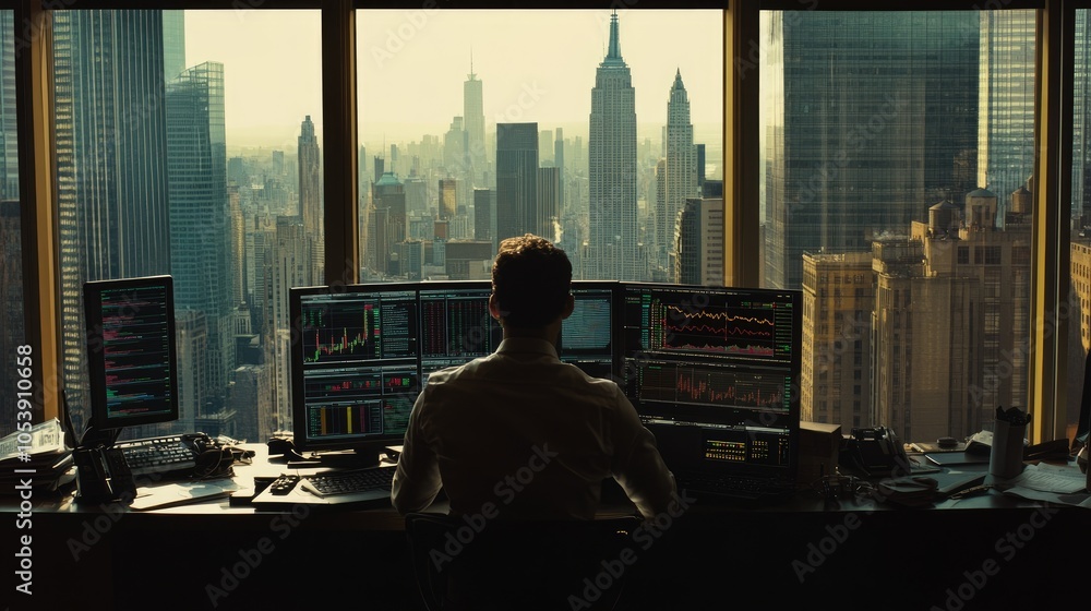 Aufkleber stock trader in new york analyzing charts with overlays of dow jones and nasdaq data. view of new yo