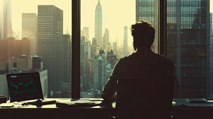 Fototapeta premium Stock trader in New York analyzing charts with overlays of Dow Jones and NASDAQ data. View of New York skyline outside the window.