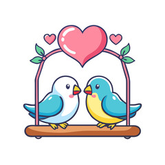 Love Birds on Swing with Hearts and Leaves Illustration