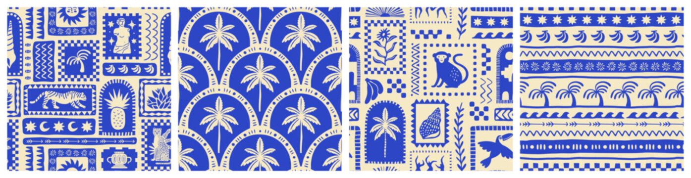 Retro hand drawn tropical summer seamless pattern set. Traditional patchwork style background illustration. Vintage exotic nature textile print collection. Jungle animal texture with tiger, palm tree.
