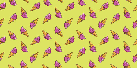 Cute seamless pattern with hand drawn ice cream. Pink melted ice cream motif horizontal wallpaper vector illustration
