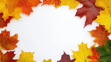 Obraz premium Autumnal, colorful maple leaves arranged on a clean white background, providing ample copy space for text or design elements. This close-up view captures the beauty of fall foliage, making it ideal fo