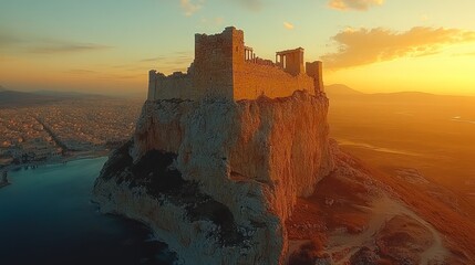 Obraz premium Ancient Temple Ruins on a Clifftop at Sunset