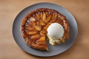 A beautiful tarte tatin caramelized apples over a golden crust served warm with a scoop of vanilla, AI Generated