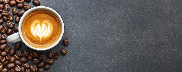A cup of coffee with heart shaped latte art and coffee beans.