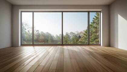 Fototapeta premium Modern empty room with large window and wooden floor. 3D Rendering