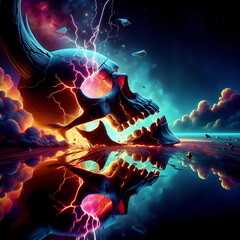 Background - Cracked Demon Skull ,  Music cover art -  | Colorful Neon Landscape with Moon, Clouds, and Sea Reflection | Home Decor, Poster,  Abstract , Wallpaper 