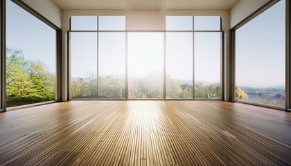 Fototapeta premium Modern empty room with large window and wooden floor. 3D Rendering