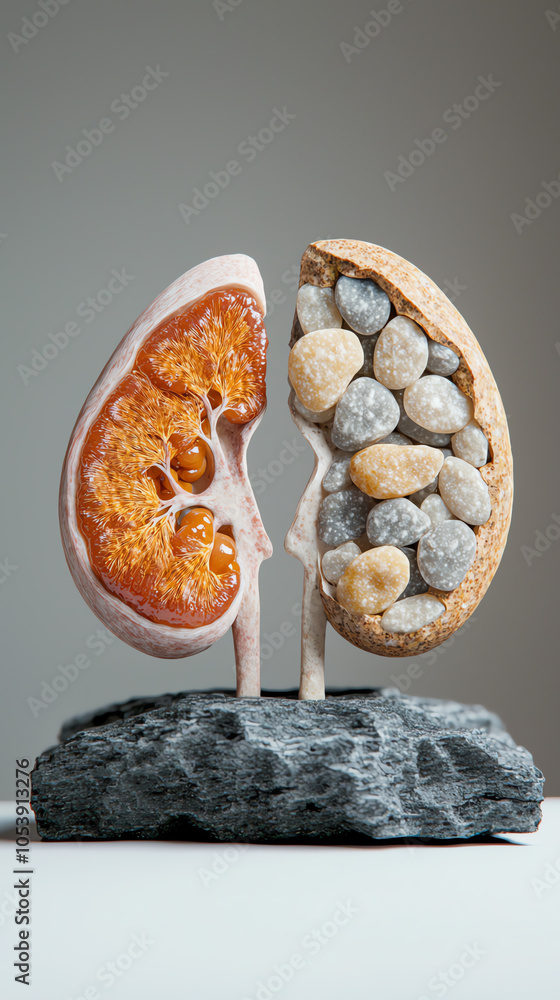 Poster a comparative visualization of a healthy kidney versus a kidney with stones understanding structure 