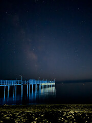 A long pier under a starry sky, leading into the darkness of the lake. The quiet night, brightening...