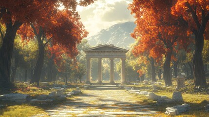 Obraz premium Ancient Ruins in a Sun-Drenched Autumn Forest