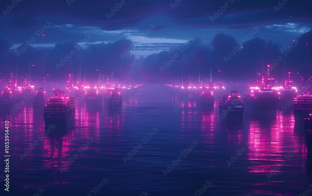 Poster Smart Industrial Port With Autonomous Ships and Robotic Cranes Controlled by AI-Driven Data Systems