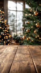 A Christmas tree with lights and ornaments is in front of a wooden table. The tree is surrounded by a few potted plants and a vase. Scene is festive and warm
