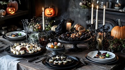 Halloween spooky banquet table set with themed dishes and treats