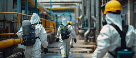 Workers in protective suits and helmets walk through a bright industrial complex, exemplifying teamwork and safety.