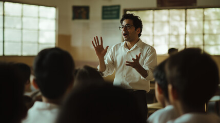 An Indian teacher captivating students with a storytelling session, using expressive gestures and visual aids to enhance the experience. 