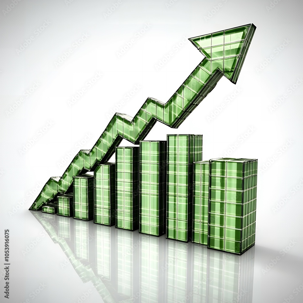 Poster green arrow pointing up on a bar graph.