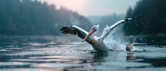Obraz premium A majestic pelican takes flight amidst a tranquil lake, with water droplets and calming scenery embodying grace and freedom.