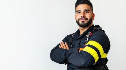 Naklejka premium Confident Hispanic Firefighter in Uniform Portrait