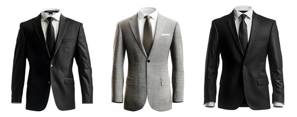black and grey suits with tie set isolated on white. 