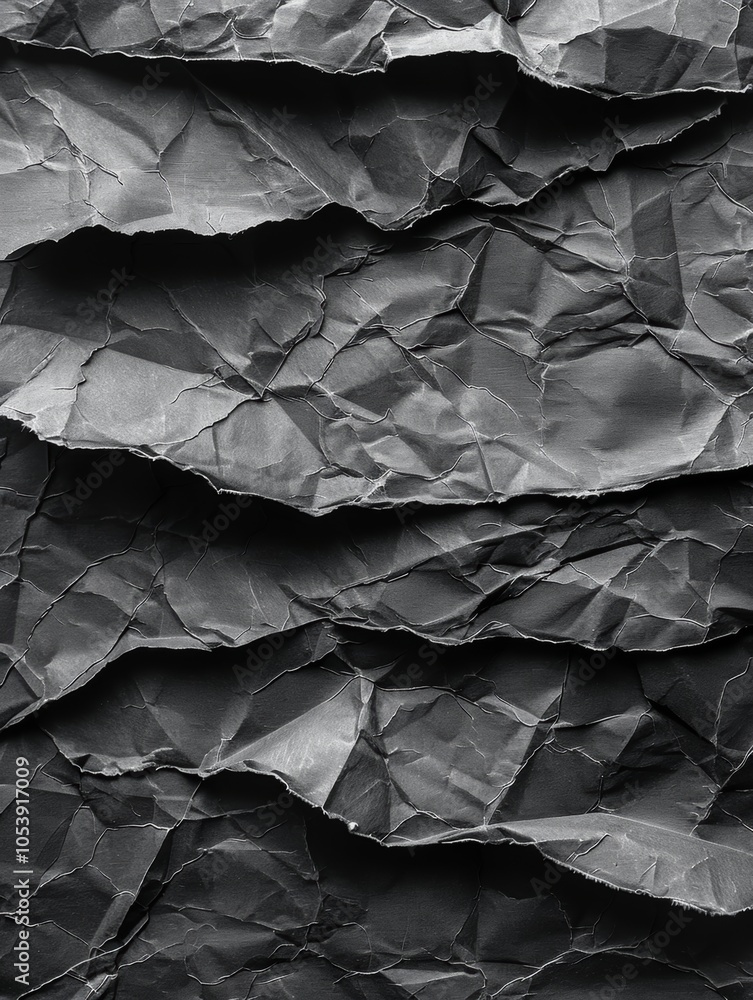 Poster textured layers of crumpled black paper creating an artistic abstract background