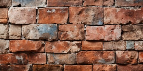 Obraz premium A close-up view of a weathered brick wall, showcasing the individual bricks with their unique textures and colors, highlighting the imperfections and aging of the structure.