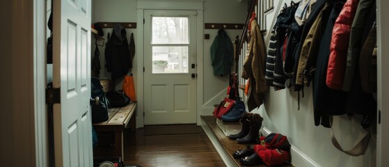 Naklejka premium A cozy hallway filled with neatly arranged coats and footwear, highlighting a warm, welcoming atmosphere of a lived-in family home.