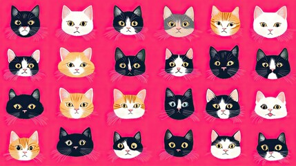 Fototapeta premium A playful pattern of unique cat faces arranged in a 20x10 grid on a bright pink background, each face showcasing different expressions for a fun, vibrant design.
