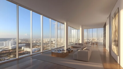 Fototapeta premium Minimalist living room with floor-to-ceiling windows, white walls, and a simple wooden coffee table, capturing light and space