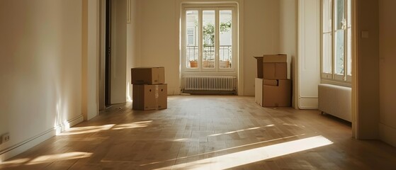 Fototapeta premium Sunlight pours through large windows into a spacious, empty room dotted with moving boxes, casting a warm glow over a fresh start.