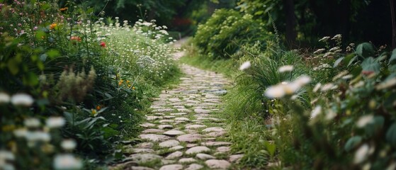 A serene cobblestone pathway winds through a lush, blooming garden, inviting a tranquil stroll surrounded by vibrant flora and nature's beauty.