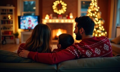 Happy family is sitting on the couch in front of the Christmas tree. They're watching a Christmas movie on TV
