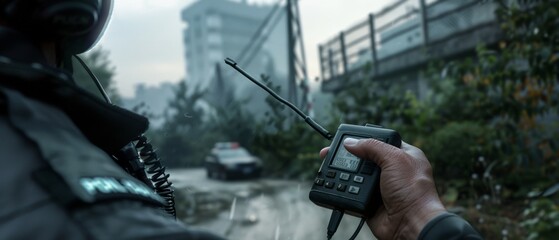 A police officer with a walkie-talkie stands in a rainy urban setting, suggesting vigilance and duty amidst a moody atmosphere.