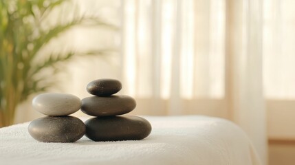 A luxurious spa room with hot stones neatly arranged beside a massage table, ready for a hot stone massage therapy session