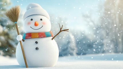 Obraz premium A snowman with a broomstick arm and a colorful scarf, surrounded by snow-covered trees, capturing the essence of a perfect winter day