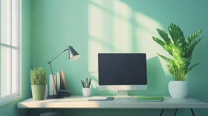 Modern workspace design a bright green office aesthetic with plants and technology for enhanced productivity and creativity