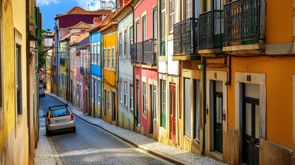 Naklejka premium Explore vibrant, colorful streets in this charming European town, showcasing traditional architecture and picturesque alleyways perfect for unforgettable travel adventures.