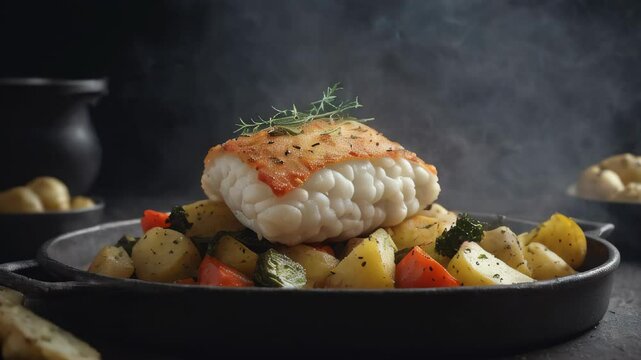 Bacalao or Bacalhoada, Portuguese salt cod stew. Generative AI