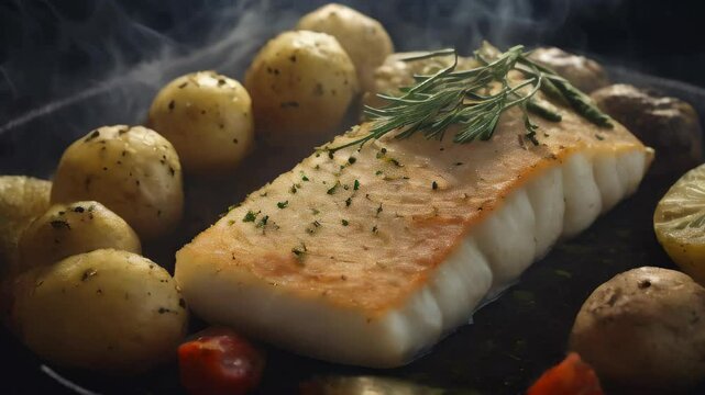 Bacalao or Bacalhoada, Portuguese salt cod stew. Generative AI