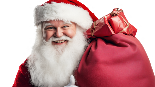 Santa Claus joyfully carries a large red bag of gifts during the festive season