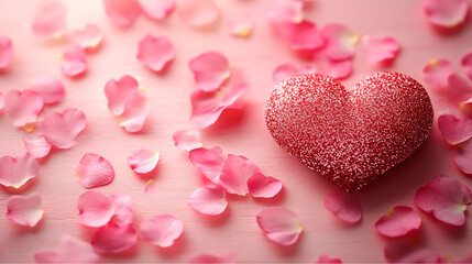 Obraz premium Valentine's Day background with Red Heart Against Pink Rose Petals on a Pink Background
